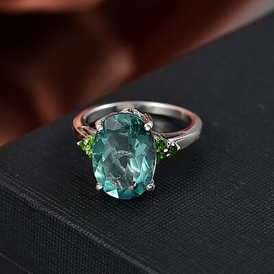 D'Joy Dean Teal Fluorite (IR) and Chrome Diopside 6.70 ctw Caribbean Bloom Ring in Platinum Over Sterling Silver (Size 10.0) 