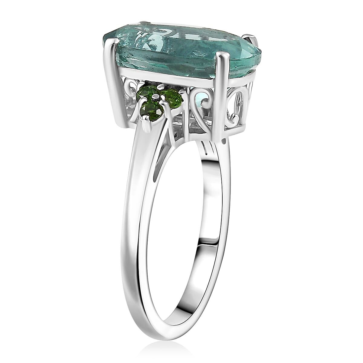 D'Joy Dean Teal Fluorite (IR) and Chrome Diopside 6.70 ctw Caribbean Bloom Ring in Platinum Over Sterling Silver (Size 10.0) 
