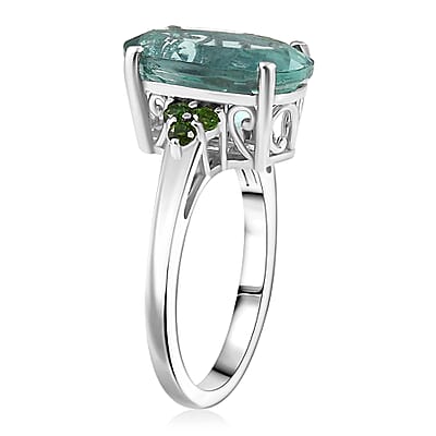 D'Joy Dean Teal Fluorite (IR) and Chrome Diopside 6.70 ctw Caribbean Bloom Ring in Platinum Over Sterling Silver (Size 10.0) 