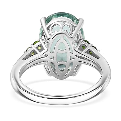 D'Joy Dean Teal Fluorite (IR) and Chrome Diopside 6.70 ctw Caribbean Bloom Ring in Platinum Over Sterling Silver (Size 10.0) 