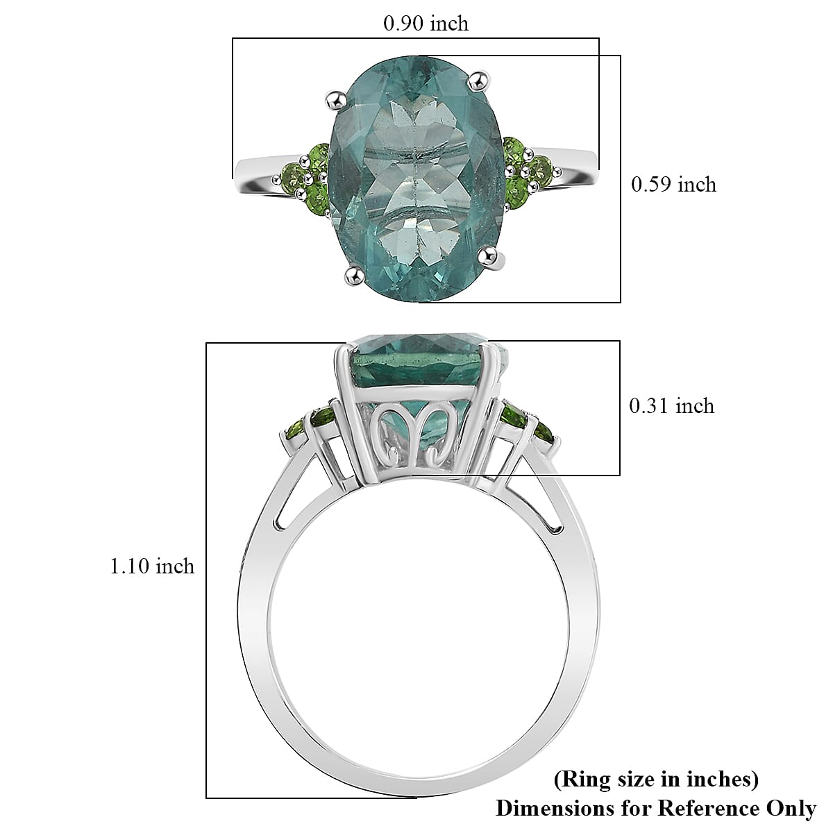 D'Joy Dean Teal Fluorite (IR) and Chrome Diopside 6.70 ctw Caribbean Bloom Ring in Platinum Over Sterling Silver (Size 10.0) 
