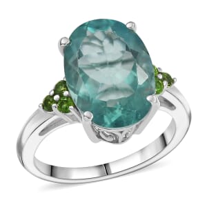 D'Joy Belgian Teal Fluorite and Chrome Diopside 7.00 ctw Solitaire Ring in Platinum Over Sterling Silver (Size 7.0)