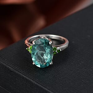 D'Joy Dean Teal Fluorite (IR) and Chrome Diopside 6.70 ctw Caribbean Bloom Ring in Platinum Over Sterling Silver (Size 7.0)