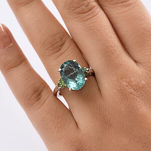 D'Joy Dean Teal Fluorite (IR) and Chrome Diopside 6.70 ctw Caribbean Bloom Ring in Platinum Over Sterling Silver (Size 7.0)