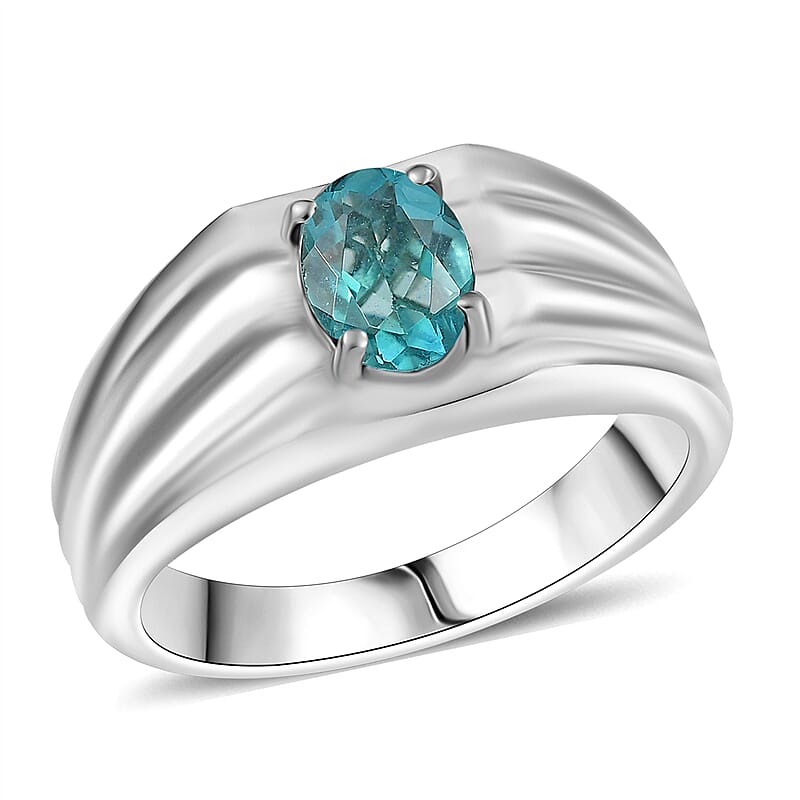 D'Joy Dean Teal Fluorite (IR) 1.50 ctw Flowing Water Men's Ring in Platinum Over Sterling Silver (Size 10.0)