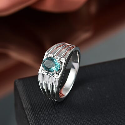 D'Joy Dean Teal Fluorite (IR) 1.50 ctw Flowing Water Men's Ring in Platinum Over Sterling Silver (Size 10.0)