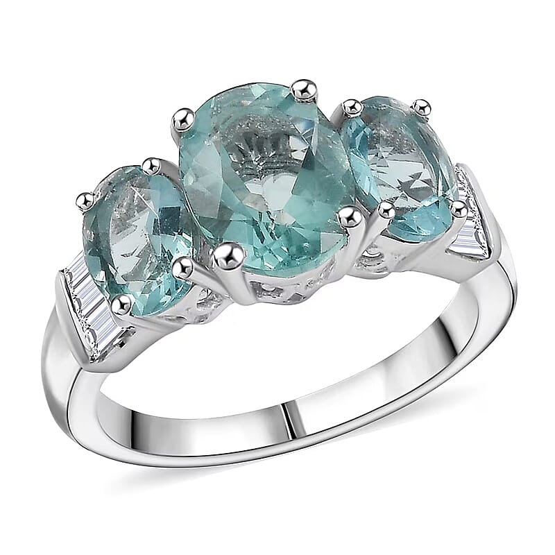 D'Joy Dean Teal Fluorite (IR) and White Topaz 4.70 ctw 3 Stone Ring in Platinum Over Sterling Silver (Size 10.0)