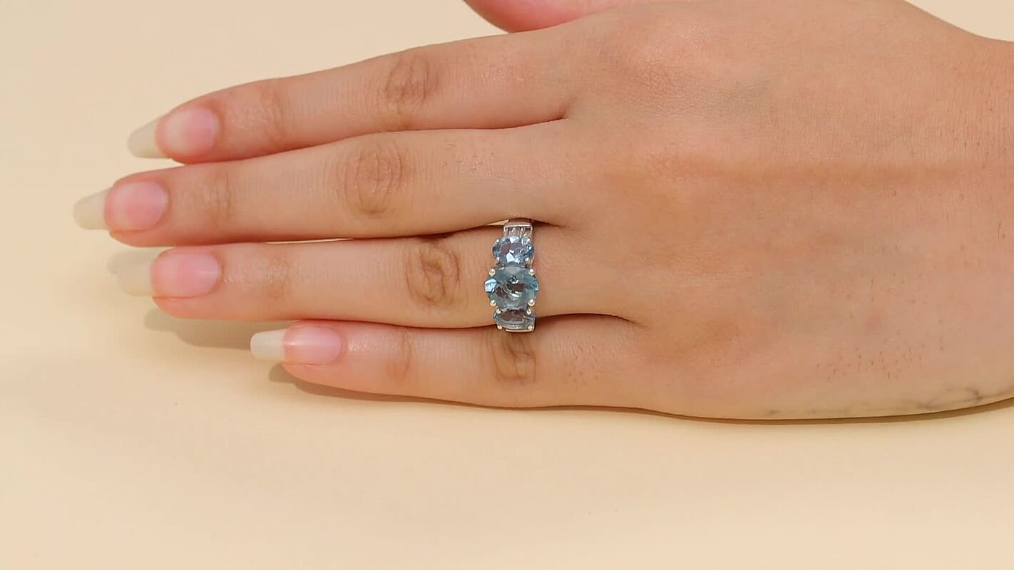 D'Joy Dean Teal Fluorite (IR), White Topaz 3 Stone Ring in Platinum Over Sterling Silver (Size 10.0) 4.70 ctw