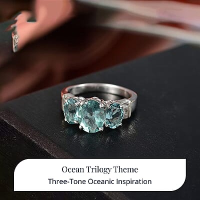D'Joy Dean Teal Fluorite (IR) and White Topaz 4.70 ctw 3 Stone Ring in Platinum Over Sterling Silver (Size 10.0)