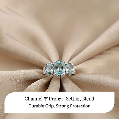 D'Joy Dean Teal Fluorite (IR) and White Topaz 4.70 ctw 3 Stone Ring in Platinum Over Sterling Silver (Size 10.0)