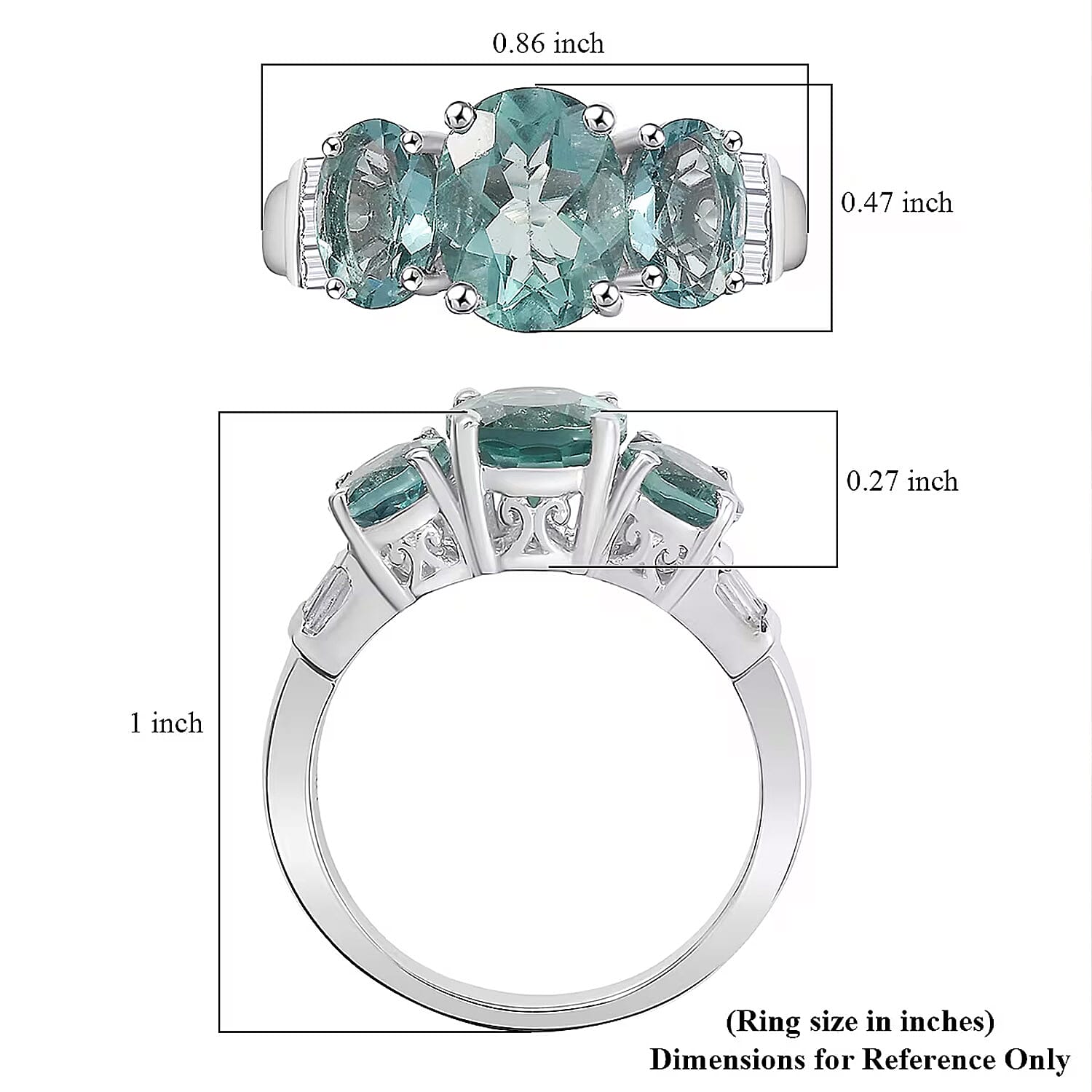 D'Joy Dean Teal Fluorite (IR) and White Topaz 4.70 ctw 3 Stone Ring in Platinum Over Sterling Silver (Size 10.0)