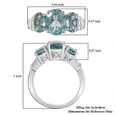 D'Joy Dean Teal Fluorite (IR) and White Topaz 4.70 ctw 3 Stone Ring in Platinum Over Sterling Silver (Size 10.0)