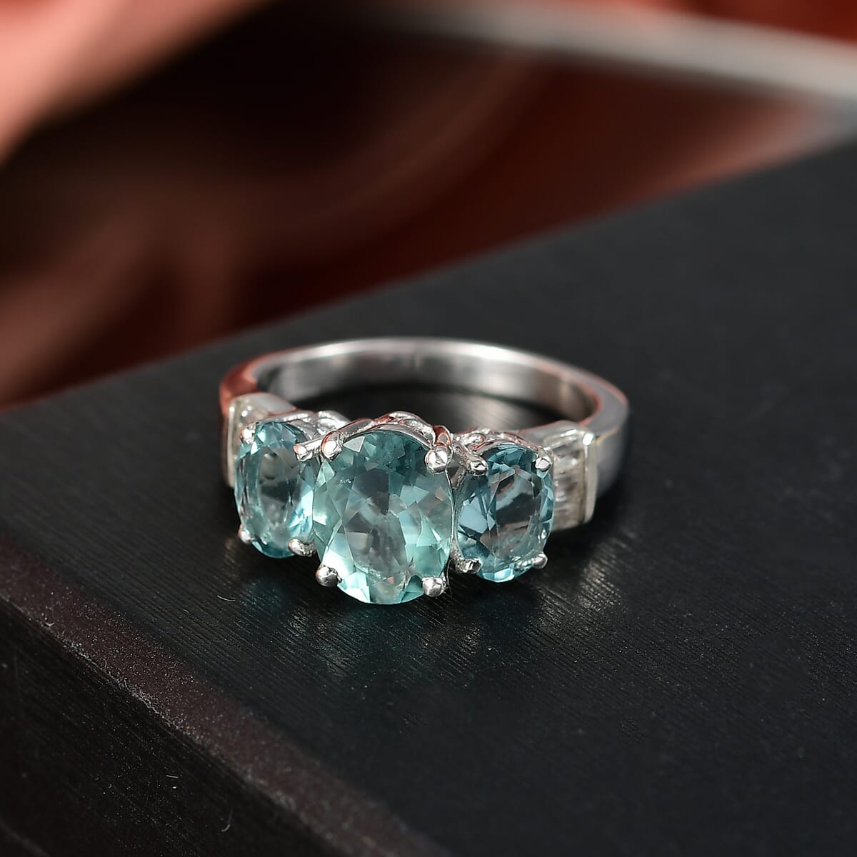 D'Joy Dean Teal Fluorite (IR) and White Topaz 4.70 ctw Ocean Trilogy Ring in Platinum Over Sterling Silver (Size 5.0) (Del. in 10-12 Days)  image number 1