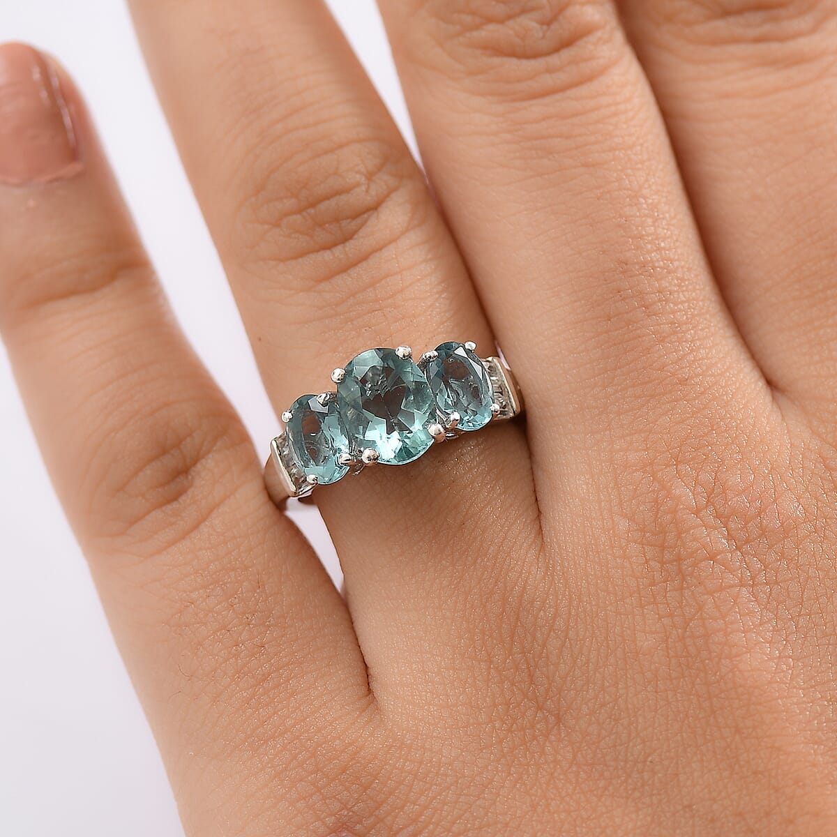 D'Joy Dean Teal Fluorite (IR) and White Topaz 4.70 ctw Ocean Trilogy Ring in Platinum Over Sterling Silver (Size 6.0) image number 2