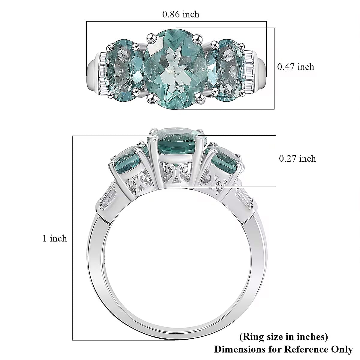 D'Joy Dean Teal Fluorite (IR) and White Topaz 4.70 ctw Ocean Trilogy Ring in Platinum Over Sterling Silver (Size 6.0) image number 6