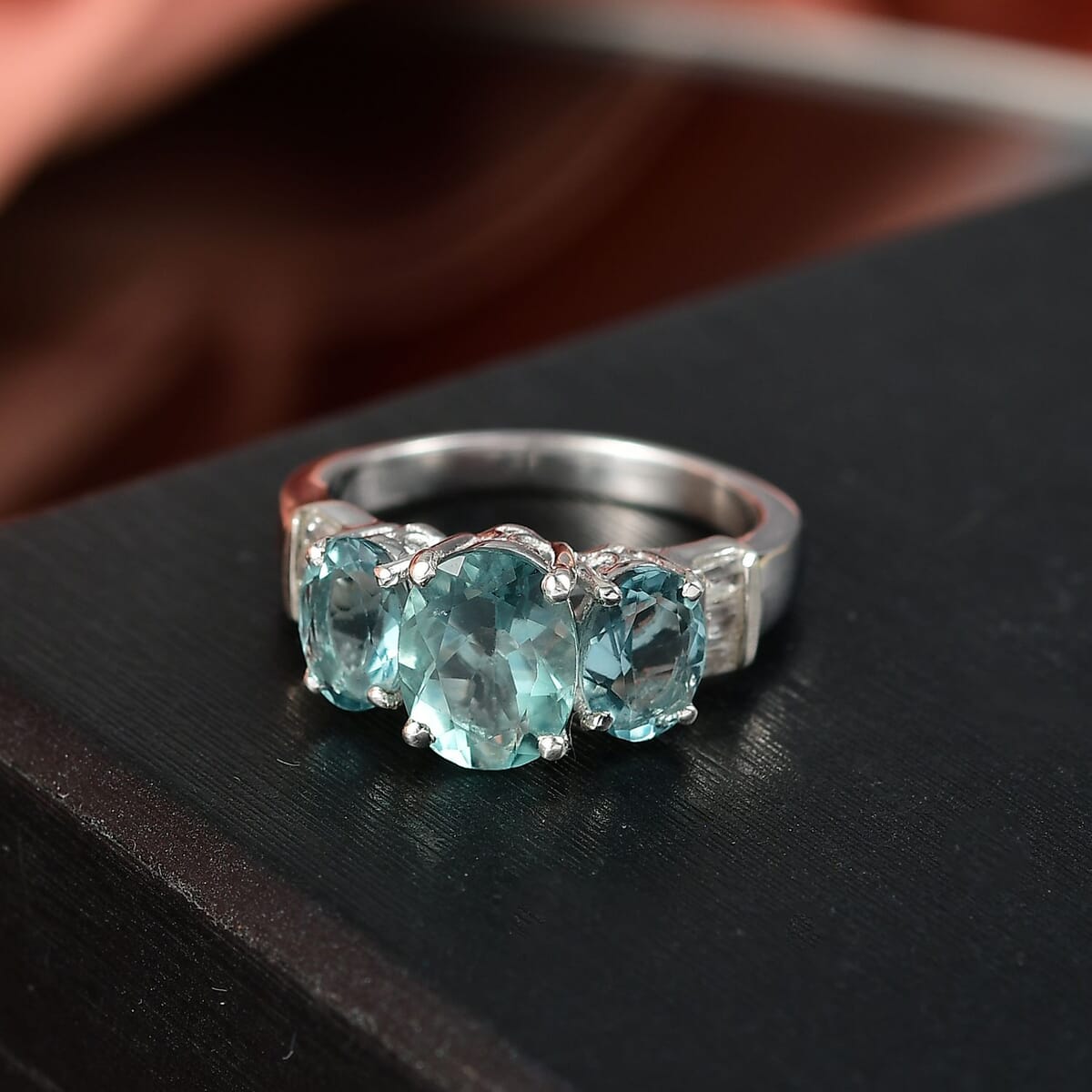 D'Joy Belgian Teal Fluorite and White Topaz 4.70 ctw Ring in Platinum Over Sterling Silver (Size 7.0) image number 1