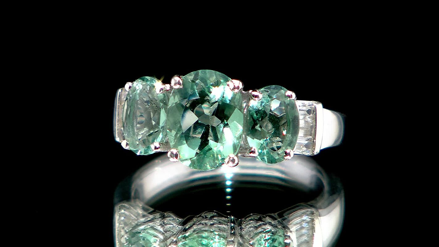 D'Joy Dean Teal Fluorite (IR), White Topaz 3 Stone Ring in Platinum Over Sterling Silver (Size 10.0) 4.70 ctw