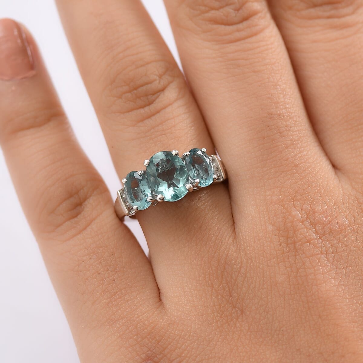 D'Joy Belgian Teal Fluorite and White Topaz 4.70 ctw Ring in Platinum Over Sterling Silver (Size 7.0) image number 2