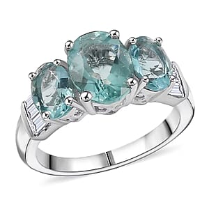 D'Joy Dean Teal Fluorite (IR) and White Topaz 4.70 ctw Ocean Trilogy Ring in Platinum Over Sterling Silver (Size 8.0)