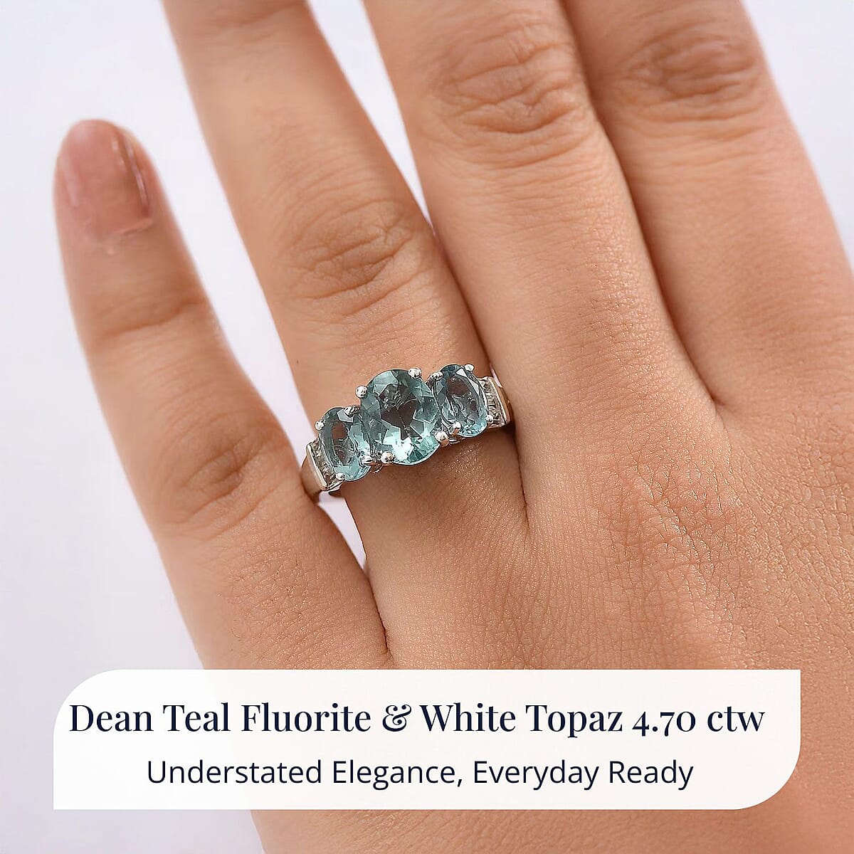 D'Joy Dean Teal Fluorite (IR) and White Topaz 4.70 ctw Ocean Trilogy Ring in Platinum Over Sterling Silver (Size 8.0) image number 1