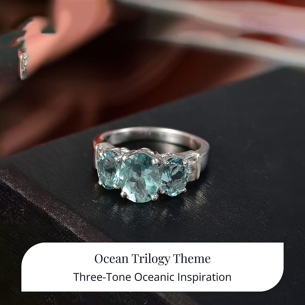 D'Joy Dean Teal Fluorite (IR) and White Topaz 4.70 ctw Ocean Trilogy Ring in Platinum Over Sterling Silver (Size 8.0) image number 2