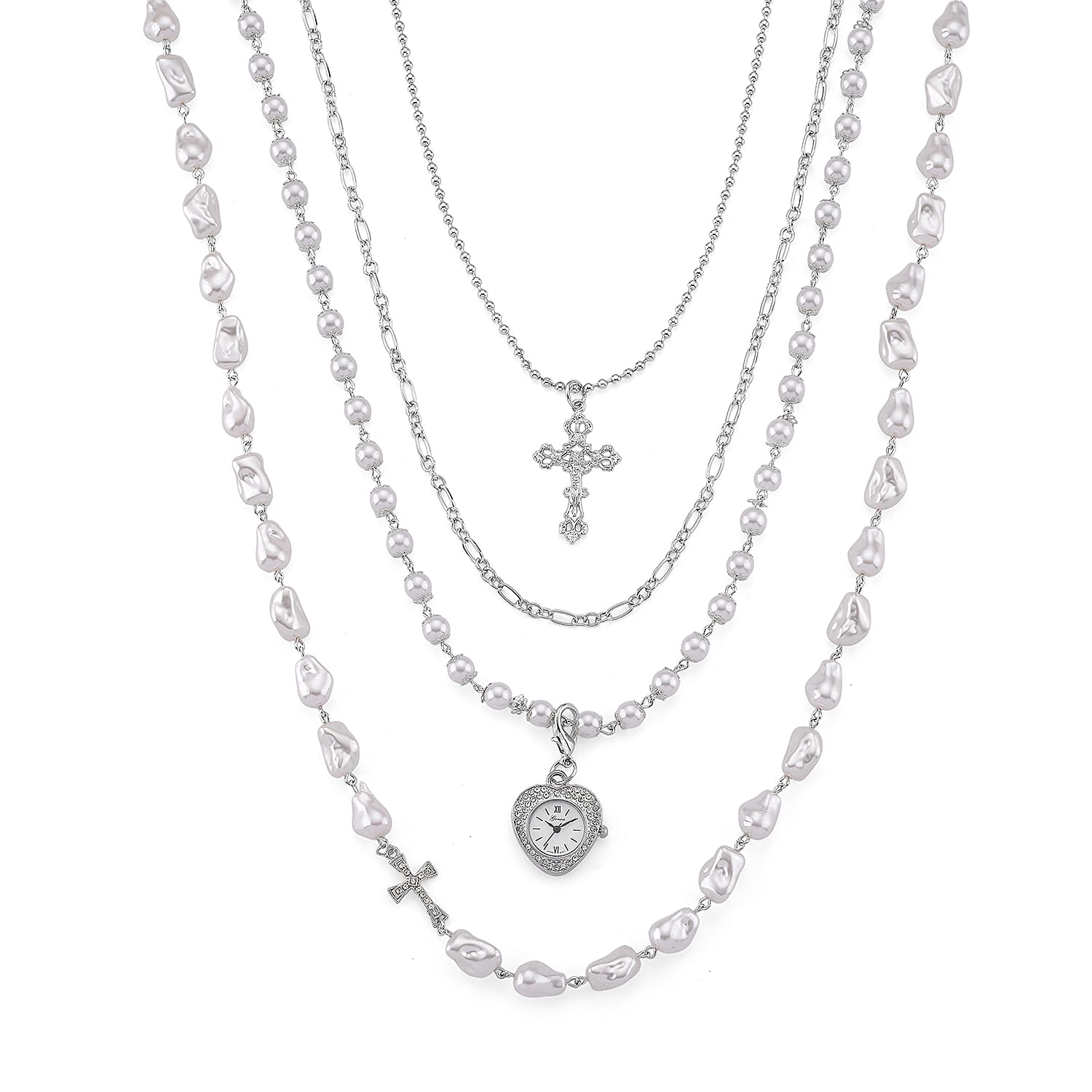 Genoa Austrian Crystal and Simulated Pearl Japanese Movement Pocket Watch with 4 Layer Chain (17, 24 and 34 Inches)