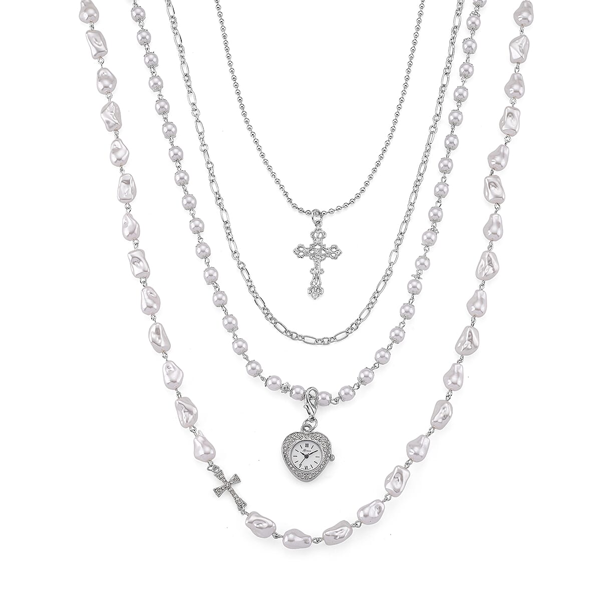 Genoa Austrian Crystal and Simulated Pearl Japanese Movement Pocket Watch with 4 Layer Chain (17, 24 and 34 Inches) image number 0