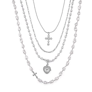 Genoa Austrian Crystal and Simulated Pearl Japanese Movement Pocket Watch with 4 Layer Chain (17, 24 and 34 Inches)