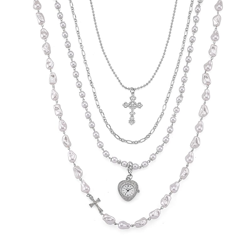 Genoa Austrian Crystal and Simulated Pearl Japanese Movement Pocket Watch with 4 Layer Chain (17, 24 and 34 Inches)