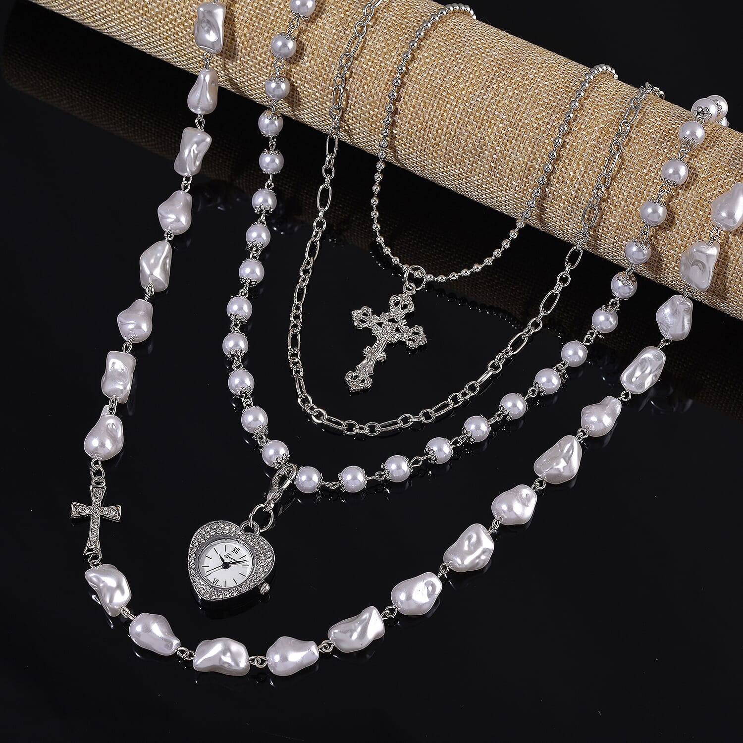 Genoa Austrian Crystal and Simulated Pearl Japanese Movement Pocket Watch with 4 Layer Chain (17, 24 and 34 Inches)