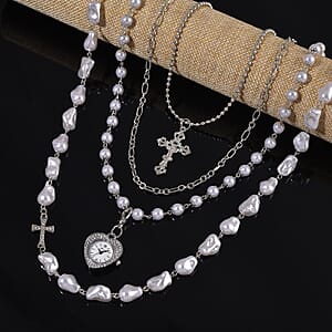 Genoa Austrian Crystal and Simulated Pearl Japanese Movement Pocket Watch with 4 Layer Chain (17, 24 and 34 Inches)