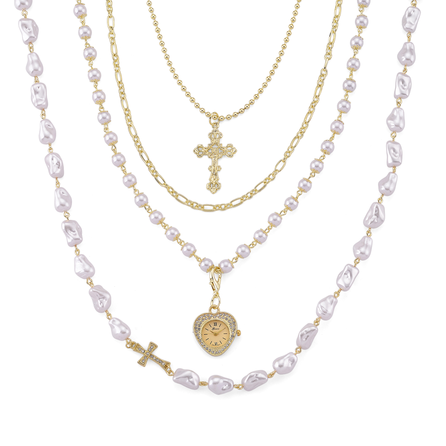 Genoa Austrian Crystal and Simulated Pearl Japanese Movement Pocket Watch with 4 Layer Chain (17, 24 and 34 Inches)