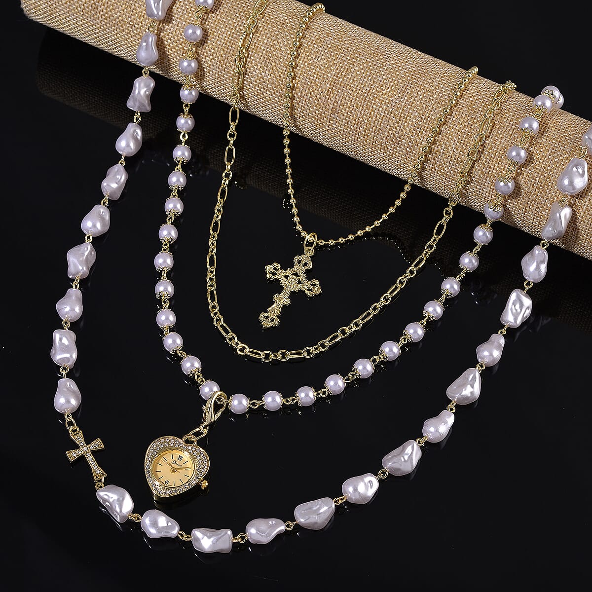 Genoa Austrian Crystal and Simulated Pearl Japanese Movement Pocket Watch with 4 Layer Chain (17, 24 and 34 Inches) image number 1