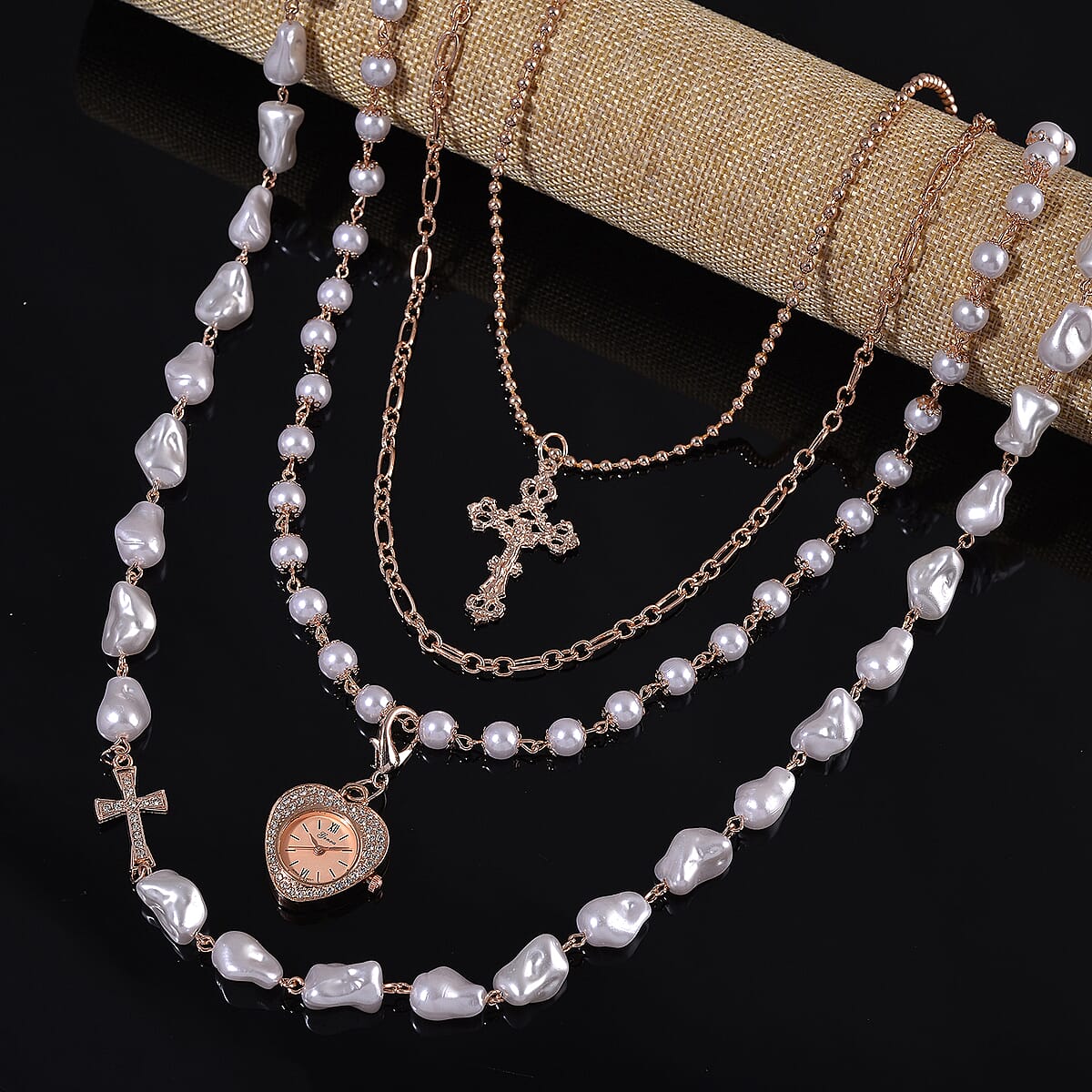 Genoa Austrian Crystal and Simulated Pearl Japanese Movement Pocket Watch with 4 Layer Chain (17, 24 and 34 Inches) image number 1