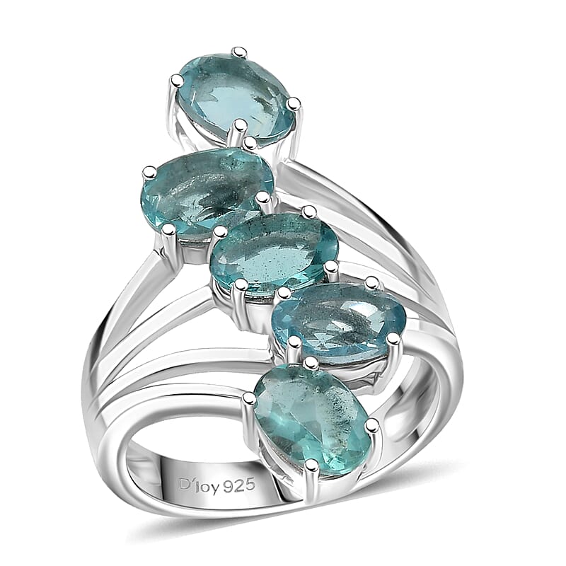 D'Joy Dean Teal Fluorite (IR) 4.60 ctw Ocean Waves Ring in Platinum Over Sterling Silver (Size 10.0) 