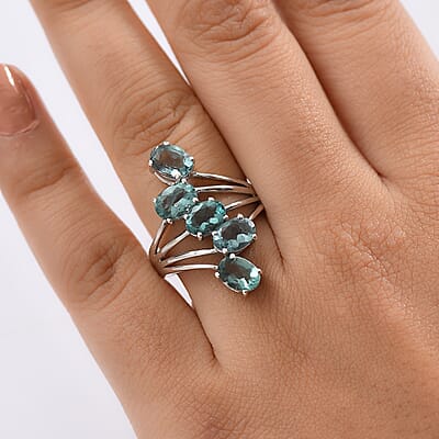 D'Joy Dean Teal Fluorite (IR) 4.60 ctw Ocean Waves Ring in Platinum Over Sterling Silver (Size 10.0) 