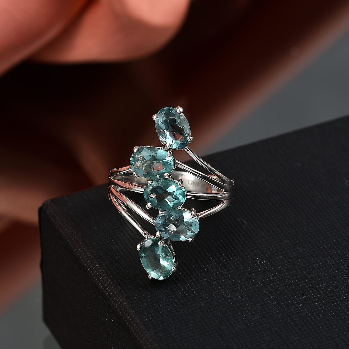 D'Joy Dean Teal Fluorite (IR) Ocean Waves Ring in Platinum Over Sterling Silver (Size 5.0) 4.60 Carat Total Weight image number 1