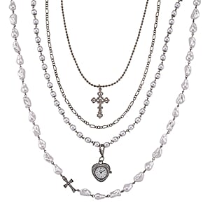 Genoa Austrian Crystal and Simulated Pearl Japanese Movement Pocket Watch with 4 Layer Chain (17, 24 and 34 Inches)