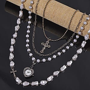 Genoa Austrian Crystal and Simulated Pearl Japanese Movement Pocket Watch with 4 Layer Chain (17, 24 and 34 Inches)