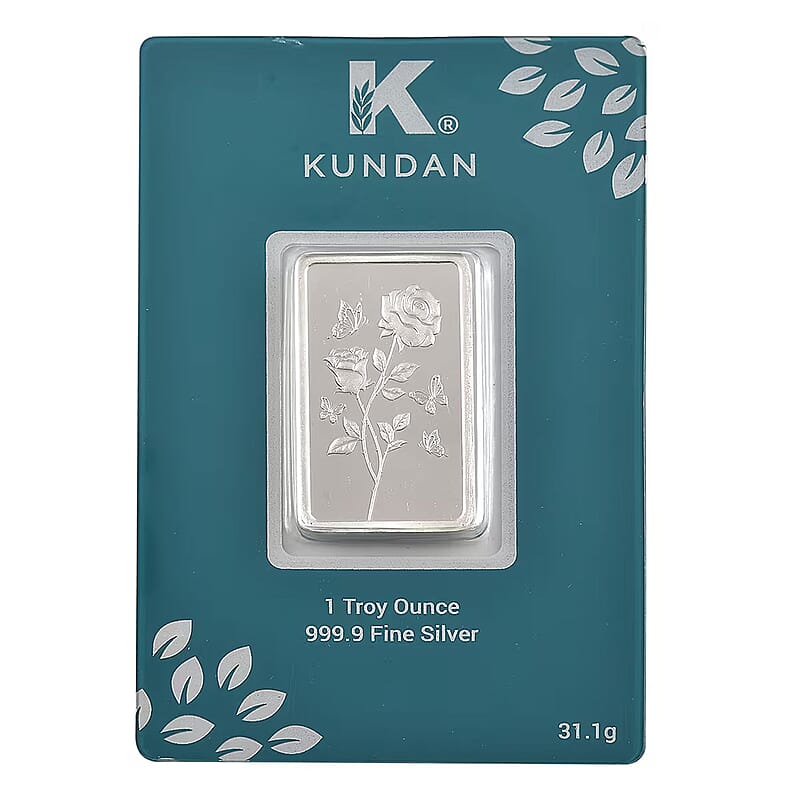 Kundan 999.9 Fine Silver One Troy Ounce Bullion Rose Flower Bar 31 Grams