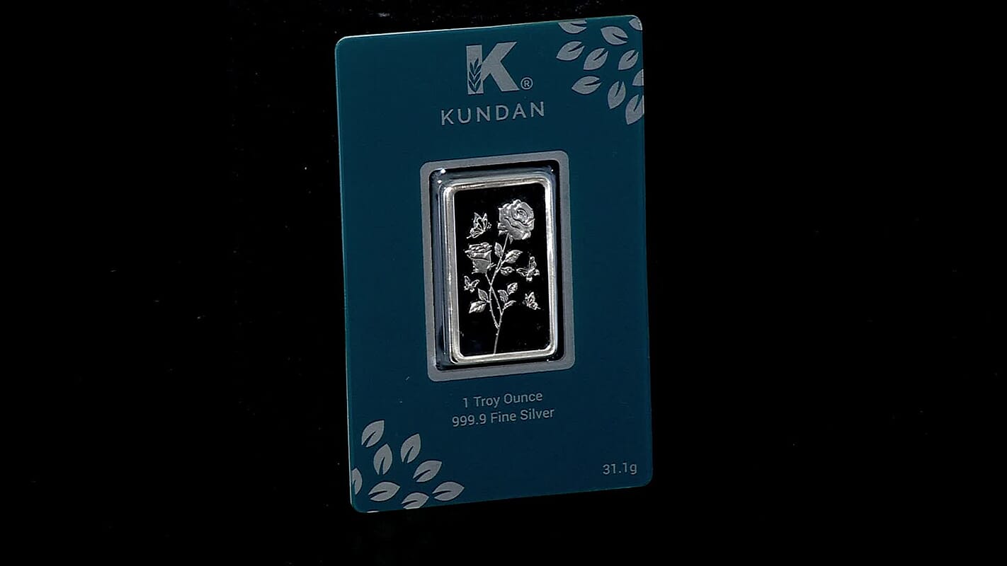 Kundan 999.9 Fine Silver One Troy Ounce Bullion Rose Flower Bar 31 Grams