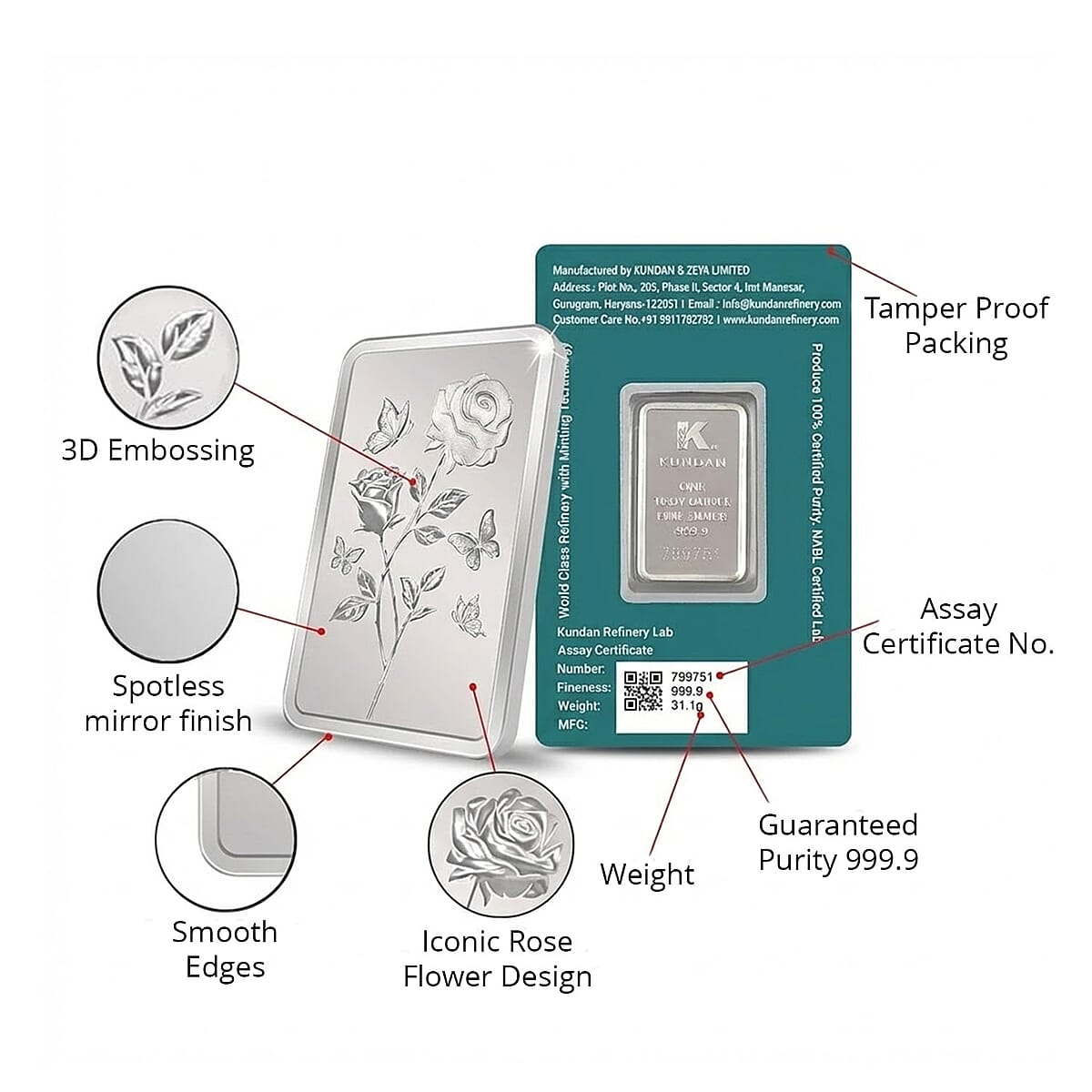  Kundan 999.9 Fine Silver One Troy Ounce Bullion Rose Flower Bar (31 g) image number 2