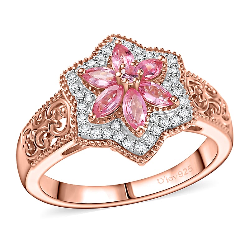 D'Joy Premium Mahenge Spinel and White Zircon 0.85 ctw Floral Regalia Ring in 18K Vermeil Rose Gold Over Sterling Silver (Size 6.0)