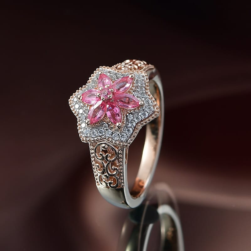 D'Joy Premium Mahenge Spinel and White Zircon 0.85 ctw Floral Regalia Ring in 18K Vermeil Rose Gold Over Sterling Silver (Size 6.0)
