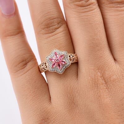 D'Joy Premium Mahenge Spinel and White Zircon 0.85 ctw Floral Regalia Ring in 18K Vermeil Rose Gold Over Sterling Silver (Size 6.0)
