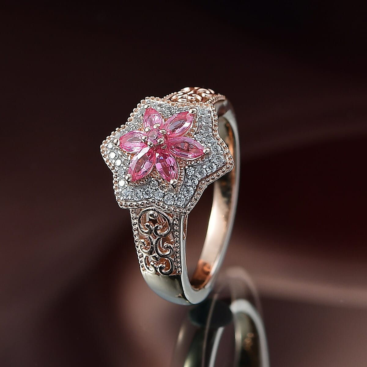 D'Joy Premium Mahenge Spinel and White Zircon 0.85 ctw Floral Regalia Ring in 18K Vermeil Rose Gold Over Sterling Silver (Size 9.0) image number 1