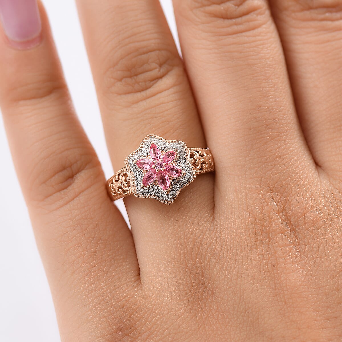 D'Joy Premium Mahenge Spinel and White Zircon 0.85 ctw Floral Regalia Ring in 18K Vermeil Rose Gold Over Sterling Silver (Size 9.0) image number 2