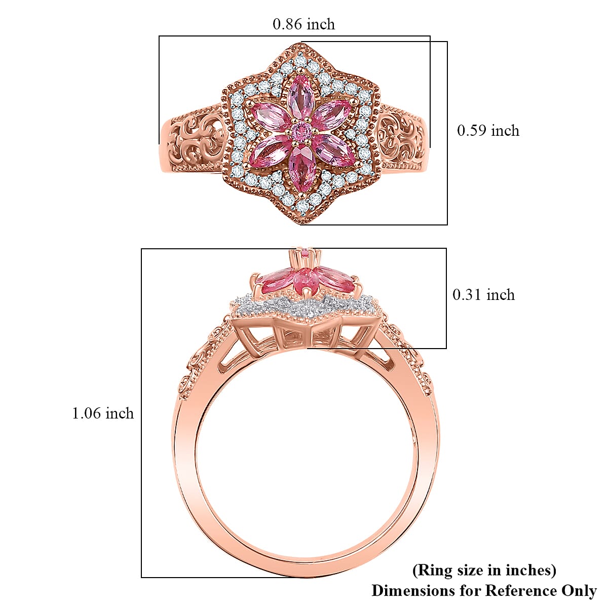D'Joy Premium Mahenge Spinel and White Zircon 0.85 ctw Floral Regalia Ring in 18K Vermeil Rose Gold Over Sterling Silver (Size 9.0) image number 5