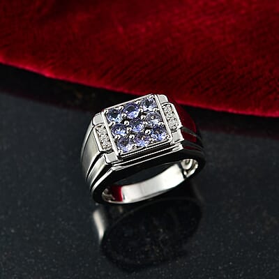 EverTrue Tanzanite and Moissanite 1.00 ctw Art Deco Mens Ring in Platinum Bond (Size 10.0)