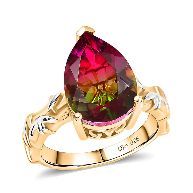 D'Joy Watermelon Quartz (Triplet) 6.00 ctw Ring in Platinum and 14K Yellow Gold Over Sterling Silver (Size 6.5)